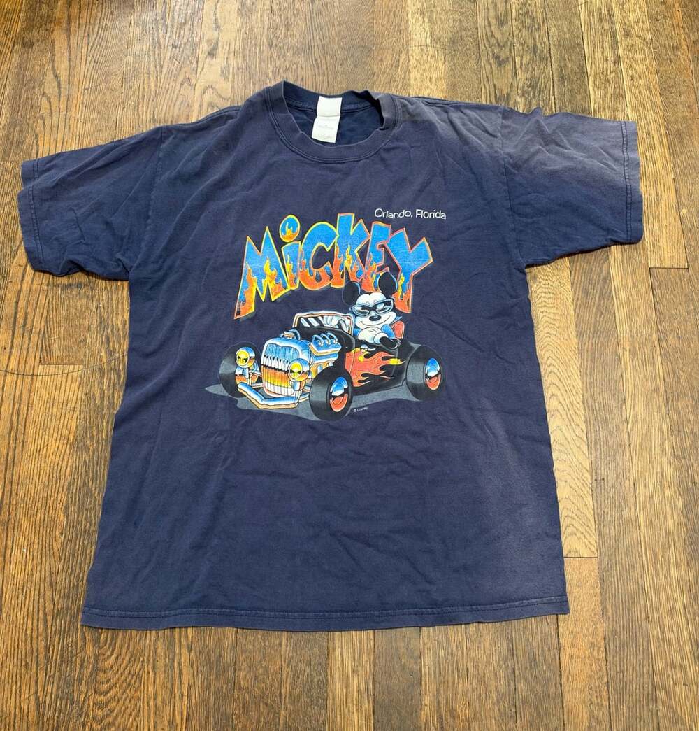 Vintage Faded Disney Mickey Mouse Hot Rod Florida T-Shirt Size L Navy Blue